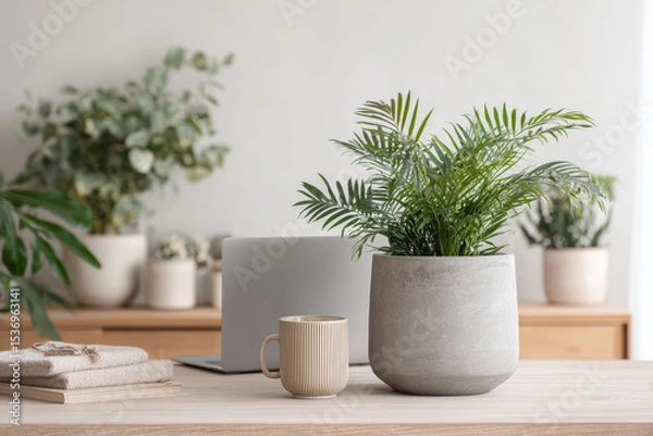 Obraz scandinavianstyle home office featuring laptop and lush plants