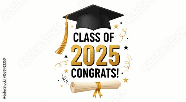 Fototapeta This vector-friendly image features a black graduation cap with a gold tassel, "CLASS OF 2025" text, "CONGRATS!", a rolled diploma, and scattered stars/swirls, all on white.