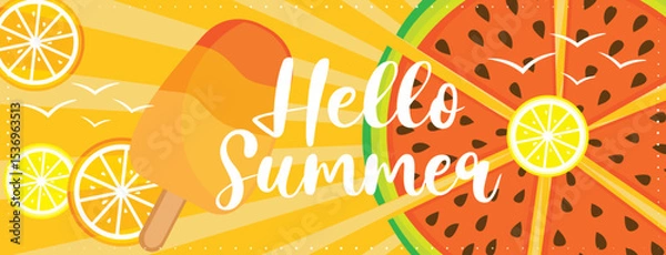 Fototapeta Colorful hello summer vacation banner with fruits and ice cream. Hand drawn vector illustration.