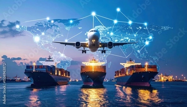 Fototapeta An airplane flies above three cargo ships at sunset, with a digital network map overlay representing global transportation connectivity.