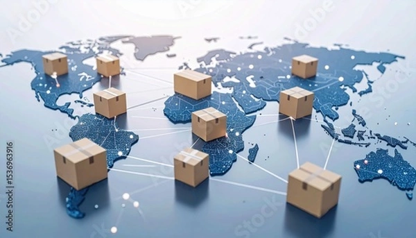 Fototapeta A global map showing interconnected cardboard boxes symbolizing worldwide shipping, logistics, and supply chain networks.