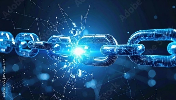 Fototapeta A glowing digital chain link is breaking, symbolizing cybersecurity breach or blockchain vulnerability in a futuristic digital environment.