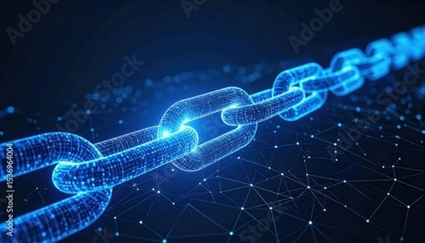 Fototapeta A glowing digital chain link representing blockchain technology and secure data connections on a futuristic network background.