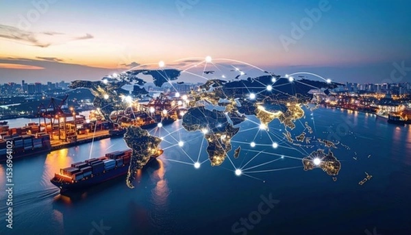 Fototapeta A global digital network concept over a city port at dusk, symbolizing worldwide connectivity and international trade.