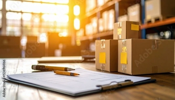 Fototapeta Desk with clipboard, pens, and stacked cardboard boxes in a sunlit warehouse or shipping area.