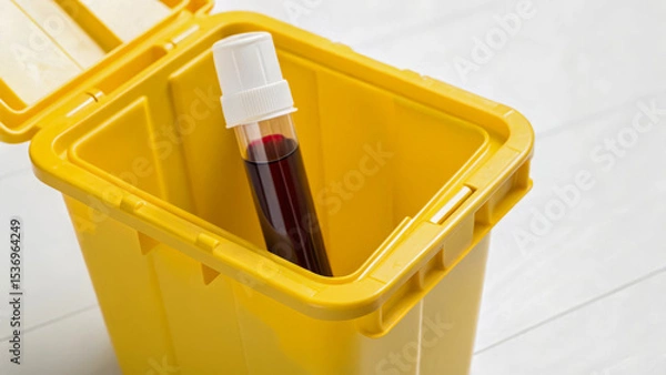 Obraz Biohazard waste container with medical blood sample tube for safe disposal in healthcare