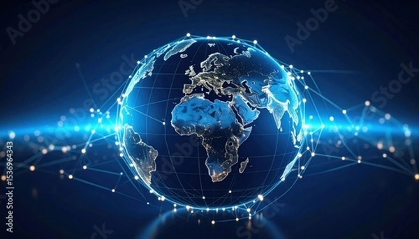 Fototapeta A digital globe depicting Earth with network connections symbolizing global communication and data exchange against a dark blue background.