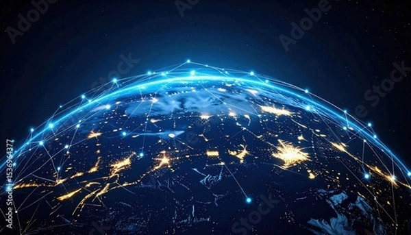 Fototapeta A digital representation of Earth at night with glowing city lights connected by a network of bright blue lines symbolizing global communication.