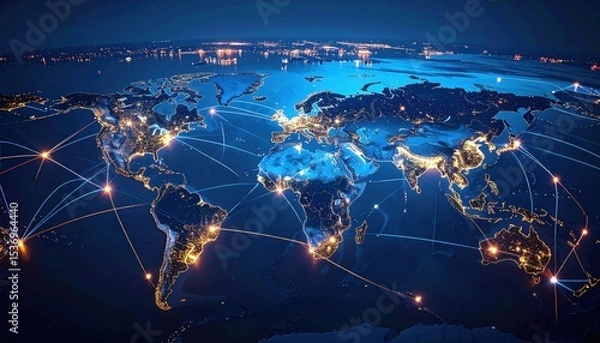Fototapeta A nighttime global map showing illuminated cities and glowing interconnected lines representing worldwide communication and data networks.