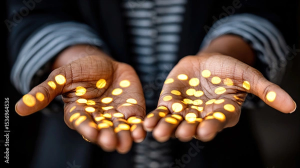 Fototapeta A person hands reaching out and praying with glowing dots representing divinity