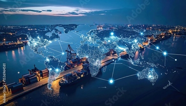 Fototapeta A nighttime aerial view of a port with superimposed glowing world map and digital connection points symbolizing global trade and logistics networks.