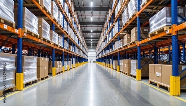 Fototapeta A spacious, well-organized warehouse with tall shelving units filled with neatly stacked boxes and pallets.