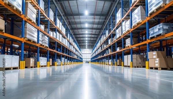 Fototapeta A spacious, modern warehouse interior with tall metal shelving units stocked with boxes and pallets, featuring polished floors and bright overhead lighting.