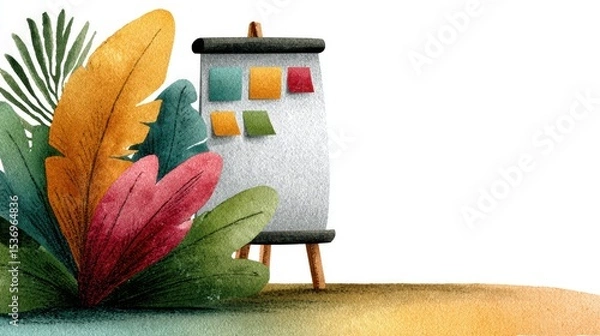 Fototapeta Elegant still life of vibrant flowers in a vase, colorful painting on with art supplies and brushes
