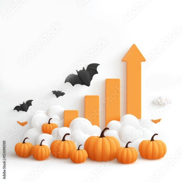 Fototapeta Creative autumn-themed graphic features pumpkins, clouds, and bats illustrating growth trends in a seasonal context