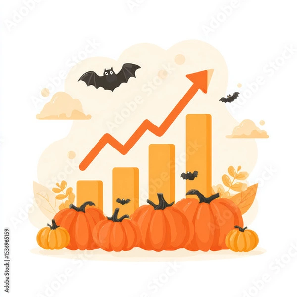 Fototapeta Growth chart with pumpkins and bats in an autumn-themed illustration showcasing seasonal trends