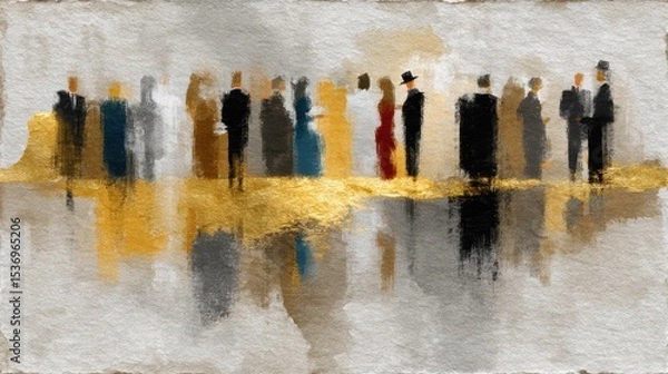 Fototapeta A painting of people patiently waiting in line, an artistic representation of order and community