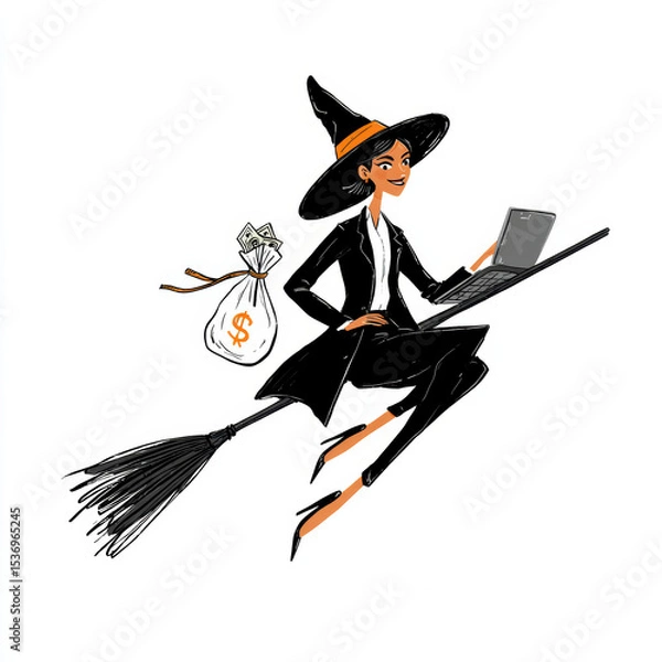 Fototapeta Businesswoman in a witch costume flying on a broomstick while using a laptop and carrying money bag