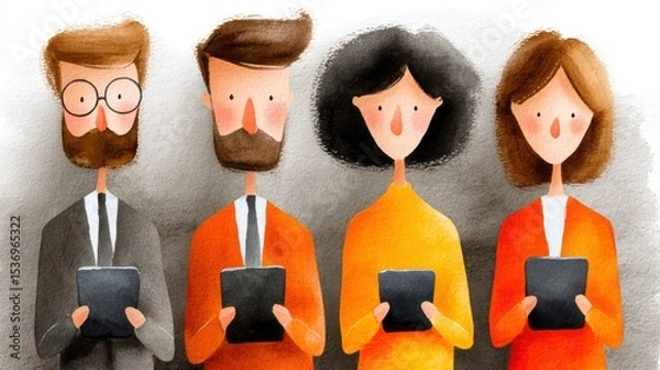 Fototapeta Teamwork and collaboration, people engaged in discussion using a digital tablet in modern office setting