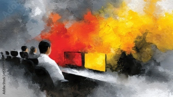 Fototapeta Man finds solitude on park bench, a painting of contemplation and tranquility serene