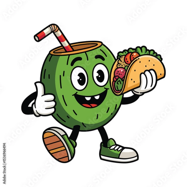 Obraz A cheerful green coconut character with big expressive eyes and a friendly smile, holding a taco filled with fresh vegetables in one hand