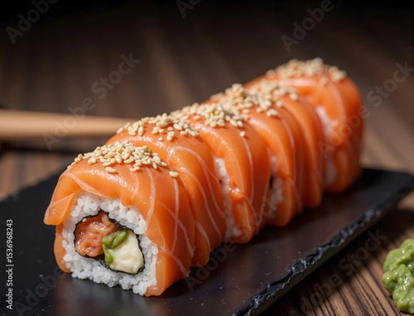 Fototapeta Colorful Sushi Roll Assortment with Fresh Toppings on Elegant Black Plate – Japanese Culinary Art