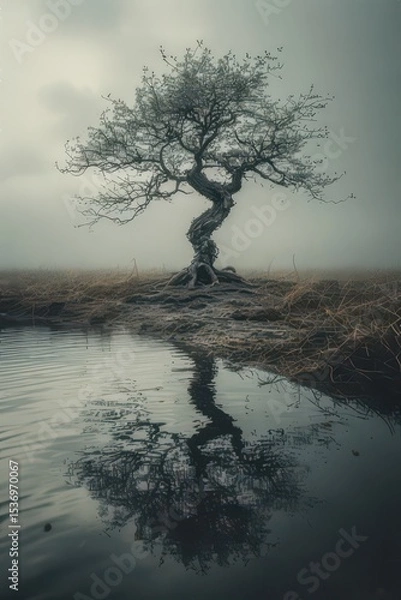 Fototapeta A solitary twisted tree stands by the still water reflecting its branches in a misty, dreamlike landscape creating a sense of peace and serenity