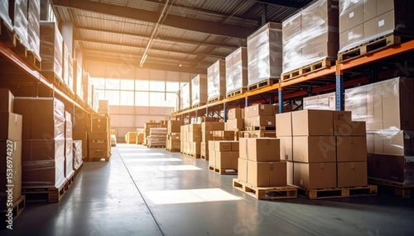 Fototapeta A spacious warehouse filled with stacked pallets and boxes, illuminated by natural sunlight streaming through large windows.