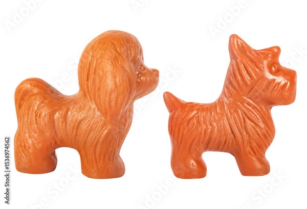 Fototapeta Isolated photo of soviet rubber dog toy figurines on white background.
