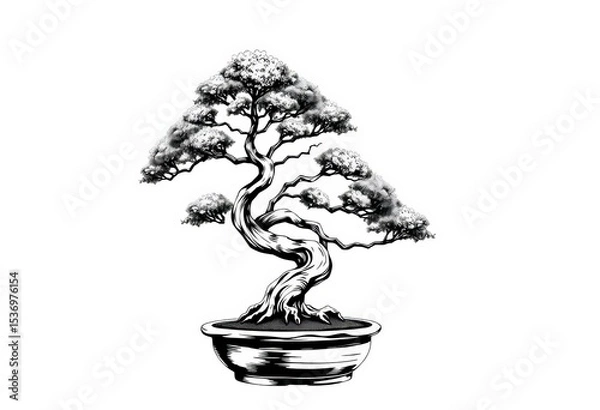 Obraz Black and white vector illustration of a bonsai tree in retro hand-drawn style, icon, silhouette