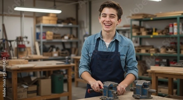 Fototapeta Young man smiling while working in a woodworking shop