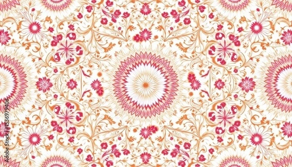 Obraz Elegant pink and orange floral pattern on white, versatile design for spring projects backgrounds