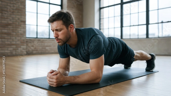 Fototapeta Young man doing plank exercise indoors on yoga mat in modern fitness studio with large windows and wooden floor. Intense workout moment. Strength and balance.