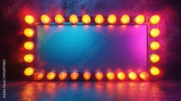 Obraz A neon sign with a blank space in the middle. The sign is lit up with bright lights and is surrounded by a dark background. Scene is energetic and exciting, as if it is a stage or a concert venue