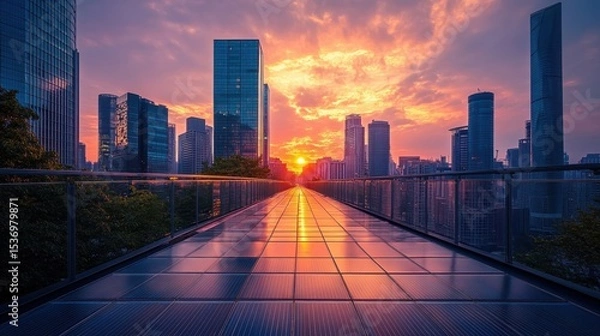 Fototapeta A city skyline with a beautiful sunset in the background. The sky is filled with clouds, and the sun is setting behind the buildings. The cityscape is illuminated by the sun's rays, creating a warm