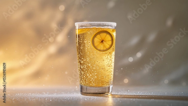 Fototapeta Refreshing cold glass of golden beer with lemon slice and sugar rim on golden background