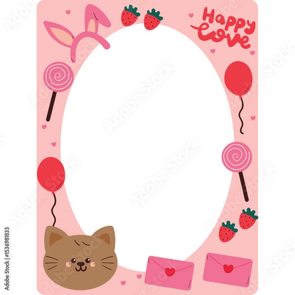 Fototapeta cute pink frame with drawing cartoon valentine stuff. valentine doodle, object, hand drawing illustration