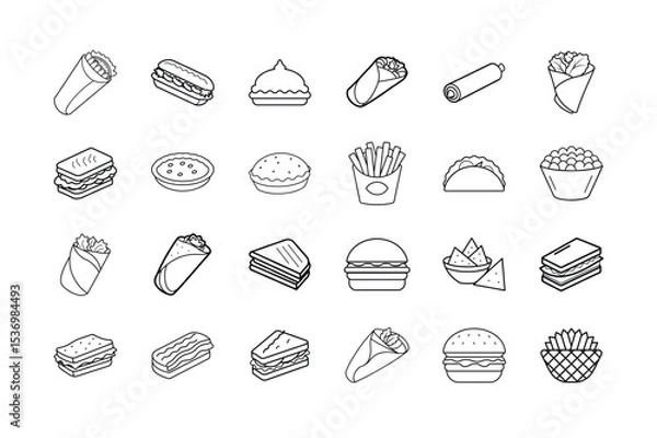 Obraz Street Food and Snack Line Art Icons – Modern Vector Set of Wraps, Sandwiches, Fries, and Fast Food, Perfect for Food Blogs & Designs