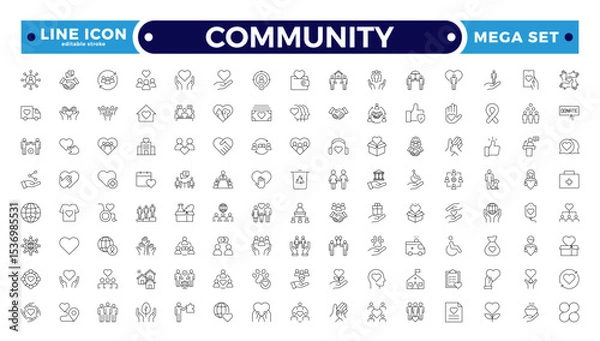 Fototapeta Community Outline icon set. Containing people, friendship, social, diversity, village, relationships, support and community development icons. People, social, group. Editable stroke outline icon.
