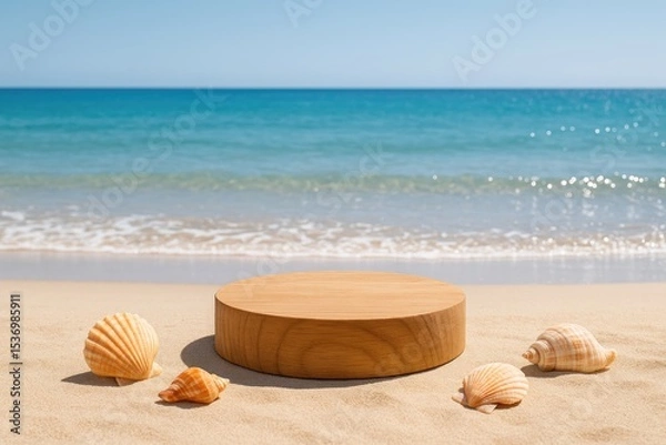 Obraz Wooden display stand on sandy beach seashells summer