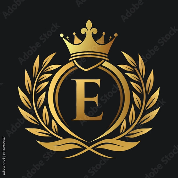 Obraz Elegant golden letter E logo with crown and laurel design for luxury branding and royalty
