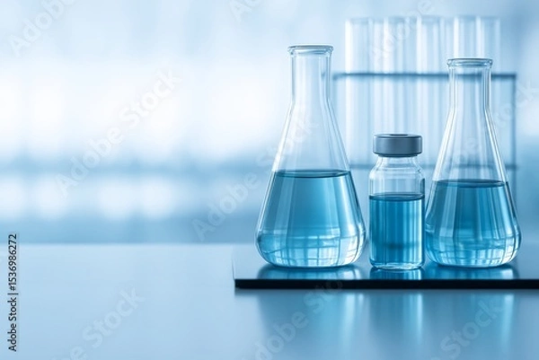 Obraz An image of laboratory glassware including two Erlenmeyer flasks and a small vial, all containing a blue liquid, placed on a reflective surface. 