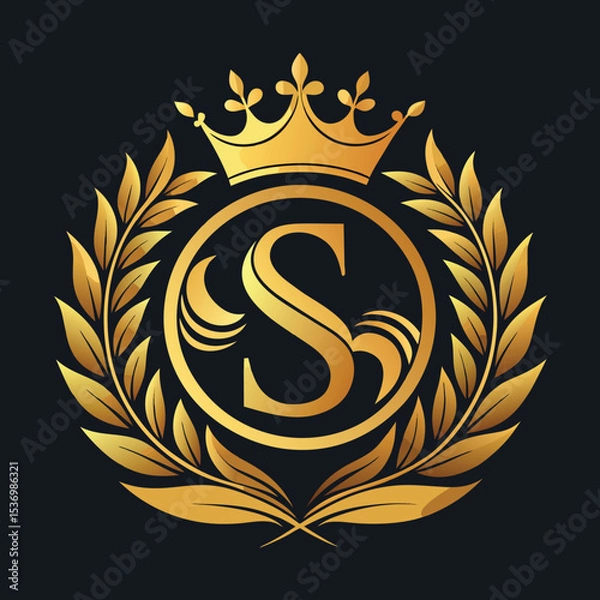 Obraz Elegant golden letter S logo with crown and laurel design for luxury branding and royalty
