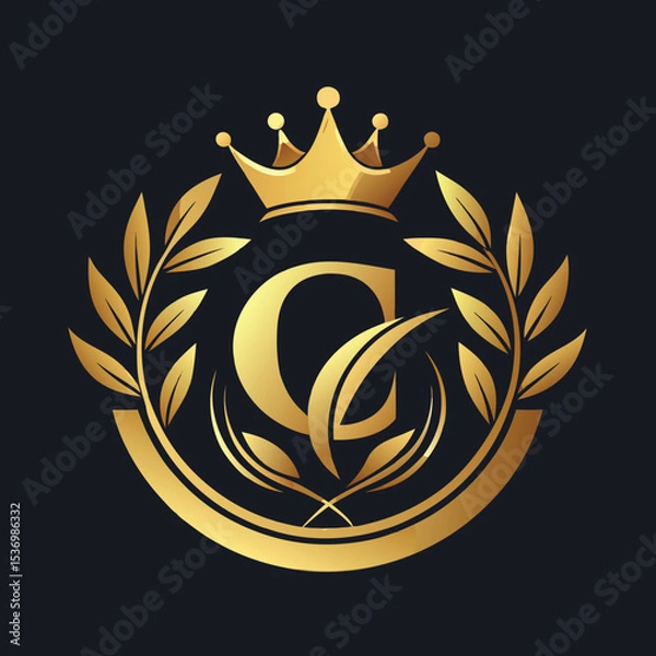 Obraz Elegant golden letter C logo with crown and laurel design for luxury branding and royalty
