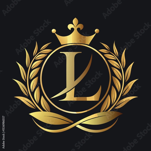 Obraz Elegant golden letter L logo with crown and laurel design for luxury branding and royalty
