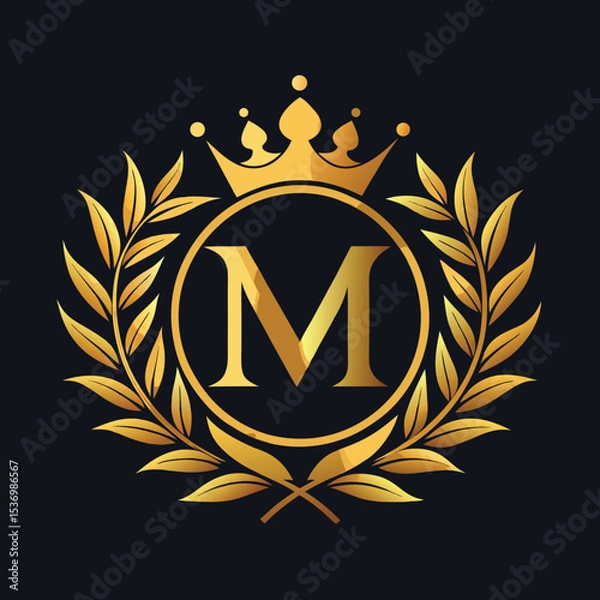 Obraz Elegant golden letter M logo with crown and laurel design for luxury branding and royalty
