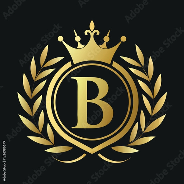 Obraz Elegant golden letter B logo with crown and laurel design for luxury branding and royalty
