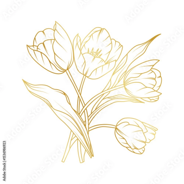 Obraz Golden tulip flowers line art isolated on white background. Luxury tulip floral design elements for invitation, wedding, wallpaper, print template, vector illustration