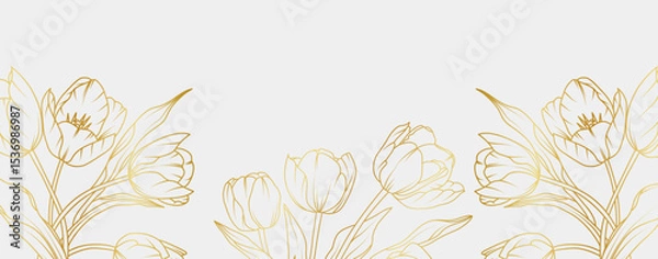 Obraz Luxury gold tulip flowers background. Floral pattern tropical in line art style for greeting, invitation, wedding card, wall art, wallpaper and print. Vector illustration