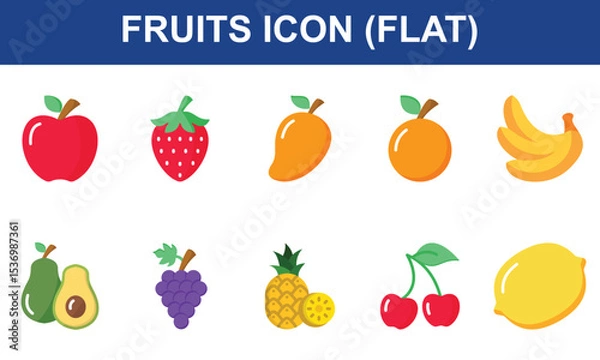 Obraz Fruits Icon Set Collection. Containing Apple, Strawberry, Mango, Orange, Banana, Avocado, Grape, Pineapple, cherry, Lemon. Simple FLat Vector Illustration.